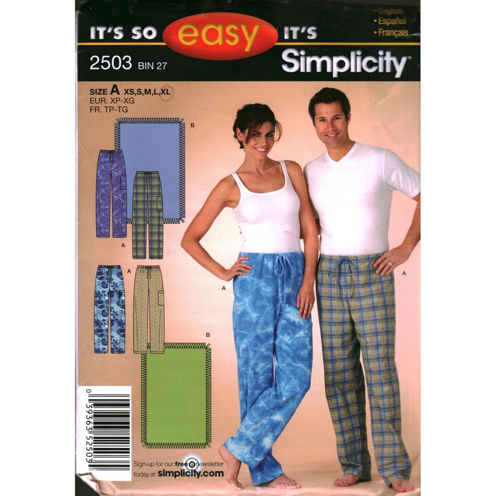 Simplicity 2503 Sewing Pattern Unisex Pajama Pants Cargo Pocket Blanket XS-XL